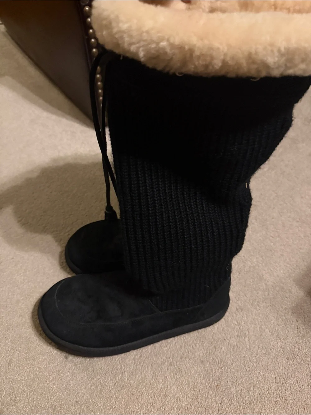 UGG Suburb Crochet Knit Leather Boots Black Size 10